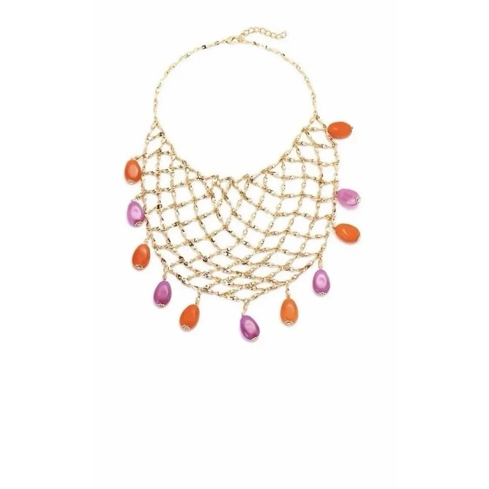 Zara Mesh Net Bib‎ Gold Necklace Resin Beads Bohemian Resort